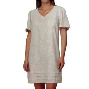 Nicole Miller Women's Green & White Floral Linen/Viscose V-Neck Short Sleeve Ple